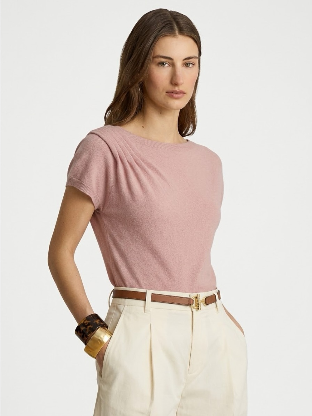 BOSS Hugo Boss 100% Cashmere Dusty Pink Pleated Shoulder Short Sleeve Sweater XS